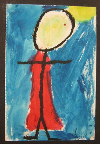 Small 1st grade self-portrait as super hero created using water colors and oil pastels on watercolor paper