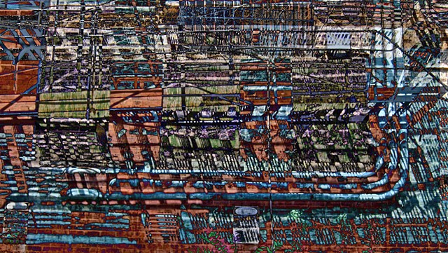 Computer art based off of digital altered photographs of fire escapes, and other digital altered photographs.