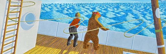 Cyclades a large narrative art series of a boy and bear’s journey around the world, acrylic paint on heavy paper