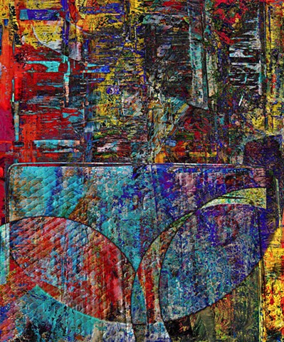Computer art based off of computer-altered digital photograph of a garage door and mattress, and other digital altered photographs.