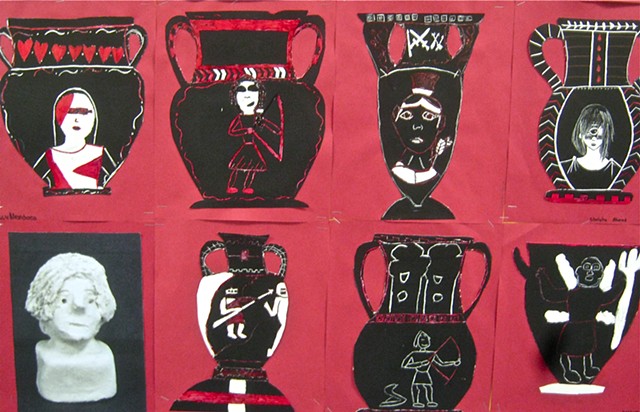 Display of seven 6th grade scratch art vases and one photograph of clay bust of Greek and Roman god and goddess