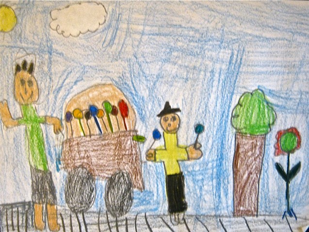 2nd grade student self-portrait while interacting with adults in their community. Ice cream Vender
