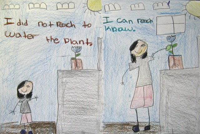 4th grade self-portrait shown both now and when she was in the 1st grade, watering plants