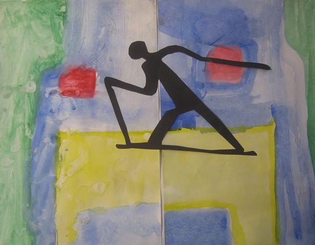 4th grade Silhouette Symbols for Journey, Skier, collage and watercolor 