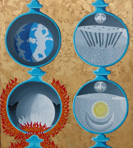 Gold leaf and painted triptych illustrating the alchemy process to discover the Philosopher’s Stone (detail)