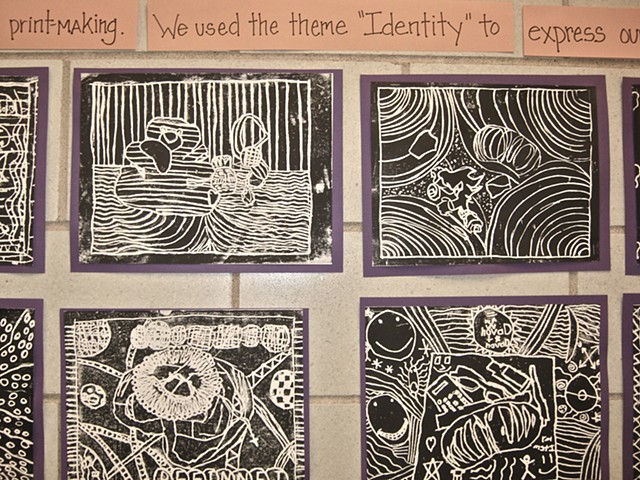 5th grade display of Identity prints, Ones objects make up part of our identity