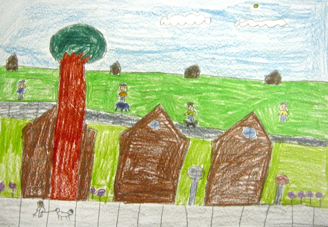 3rd grade designed and created color pencil drawing of their community