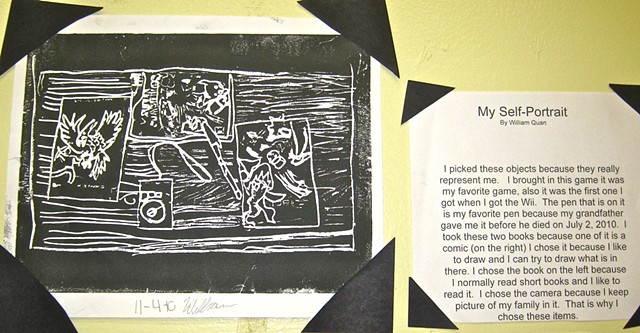5th grade still life print expressing identity through personal objects, and student writing