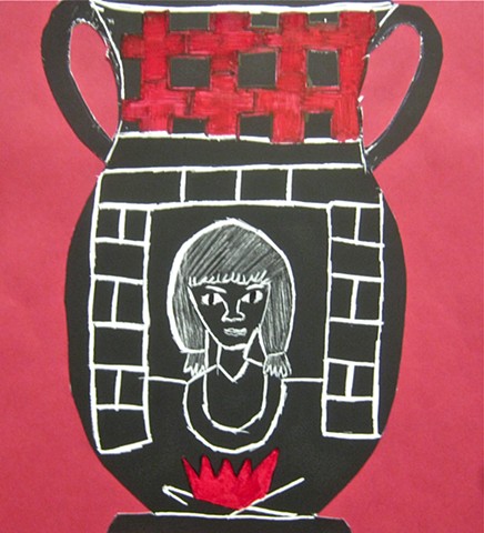 6th grade self-portraits as Greek goddess Hestia on vase shape, scratch art on construction paper  