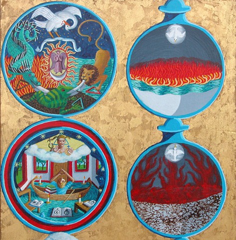 Gold leaf and painted triptych illustrating the alchemy process to discover the Philosopher’s Stone detail