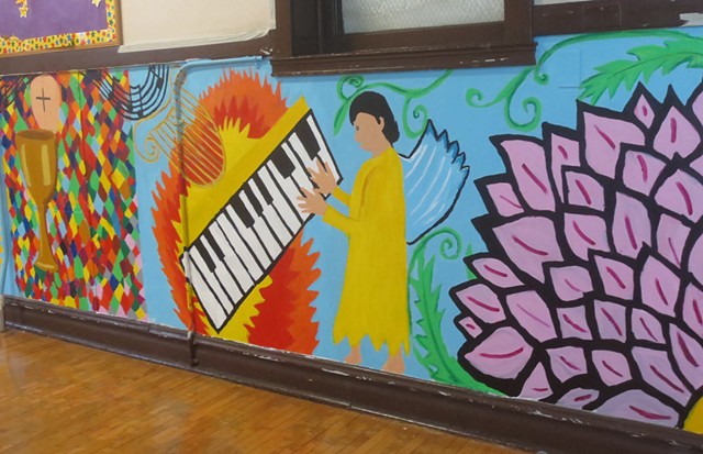 Student planned and created mural about communities at Maternity Blessed Virgin Mary elementary school, Chicago 2013