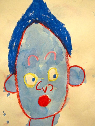 1st grade self portrait created using oil pastel and a watercolor wash