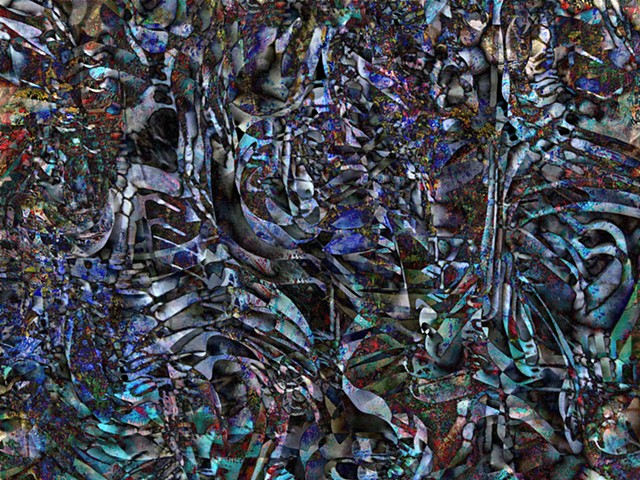 Computer art based off of a digital altered photograph of a pile of rocks, and other digital altered photographs.