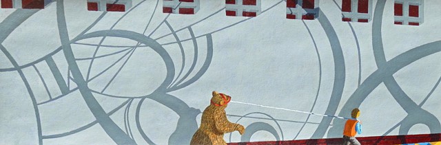 Cyclades a large narrative art series of a boy and bear’s journey around the world, acrylic paint on heavy paper
