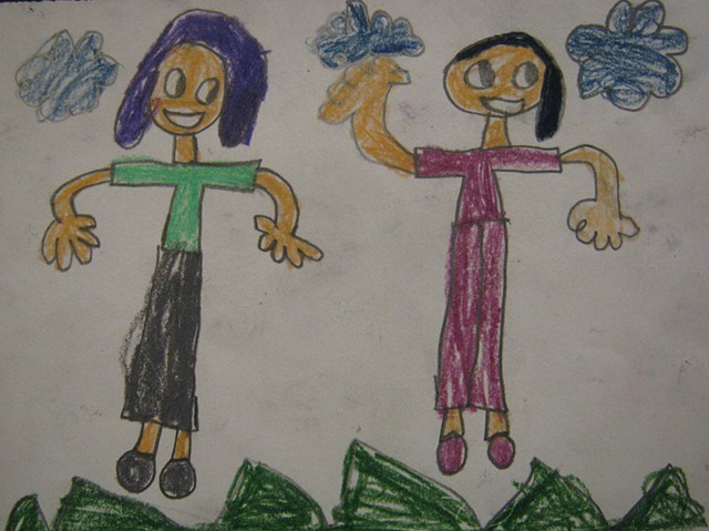 1st grade color pencil self-portrait drawing showing movement, dancing with mother