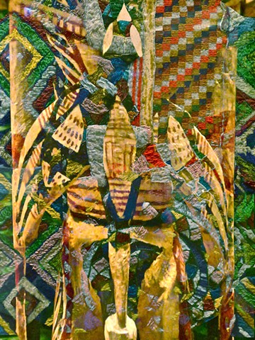 Computer art based off of digital photographs of New Ireland sculpture detail, and detail of crazy quilt. 