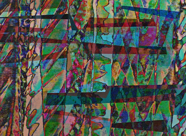 Computer art based off of digital altered photographs of New Ireland sculpture details, and other digital altered photographs