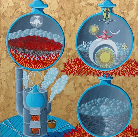 Gold leaf and painted triptych illustrating the alchemy process to discover the Philosopher’s Stone (detail) The oven