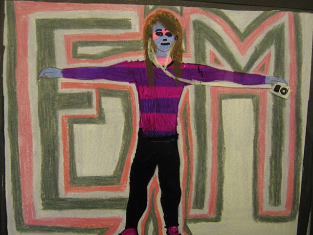 7th grade Self-portrait with Initials Design Background, color pencils, Sharpie markers,china pencils, transparency, and black construction paper