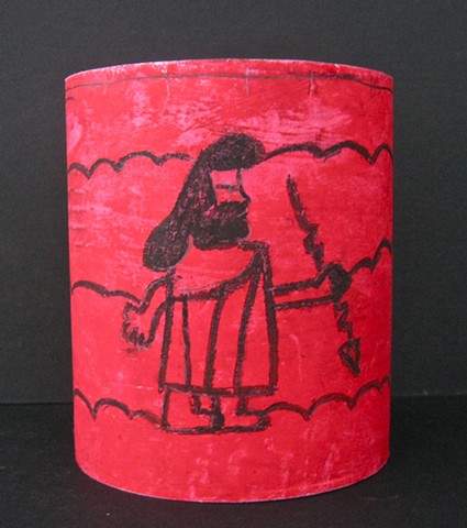 6th grade drawing of Greek god Zeus created using black and red oil pastels on paper and then attached to tin can 
