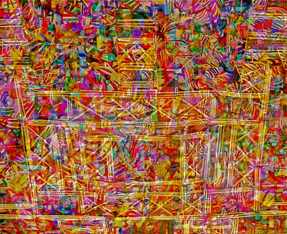 Computer art based off of a computer-altered digital photograph of a basket weaving detail, and a computer-altered digital photograph of a stained glass window.