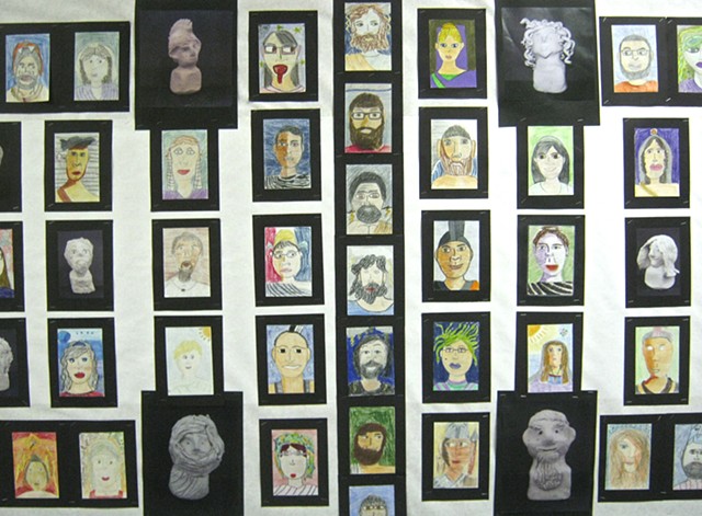 6th grade self-portraits as Greek gods and goddess display  