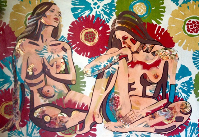 Two nude women with floral motif on fabric.