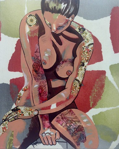 Nude woman with floral tattoos on fabric