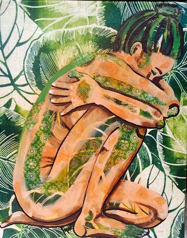 Portrait of a nude woman with leaf motif collage and acrylic on fabric.