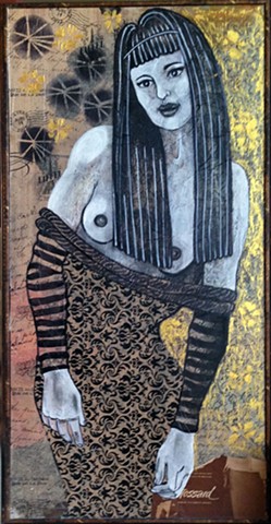Portrait of a cross-sexual person posing as Cleopatra, printed paper on gold filigree background board