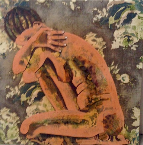 Nude woman with hidden face on fabric.