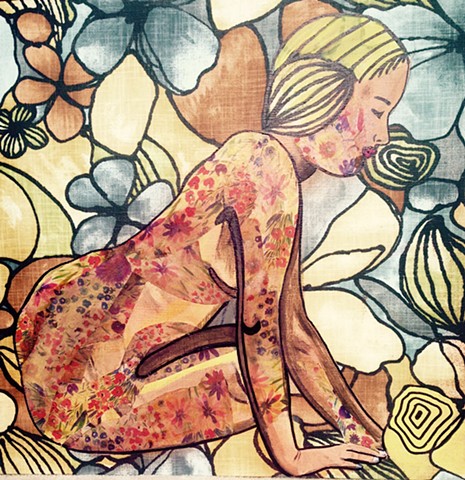 Portrait of a Princess Leah-like nude woman on yellow floral fabric.