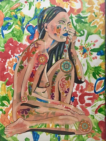 Multi-Color Floral and Nude woman on fabric.