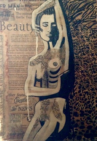 Portrait of a beautiful woman on antique nespaper with collaged tissue paper and ink painting. pa