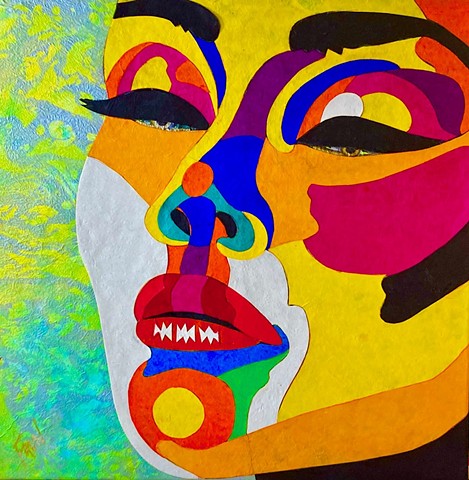Collage decorative paper female face. Color-blocked in bright colors.