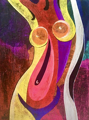 Bright multi-color front view nude woman. Collage of tissue paper.