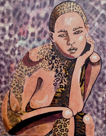 Portrait of a nude woman with animal print.