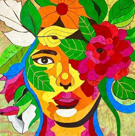 Collage in floral with woman's face bright colors