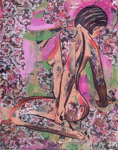 Floral and nude woman mixed media in hot pink.