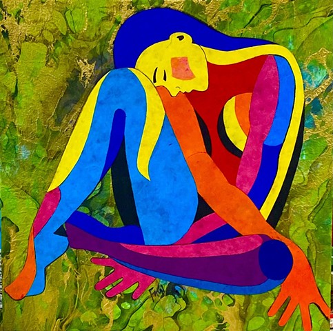 Color block female nude in a pose of sadness. Colorful and bright.