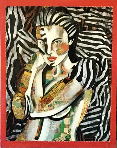 Red and black Zebra print surrounding woman. Cartoon images collaged on body.