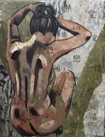Back View Nude woman tying up her hair. Acrylic and torn paper background on canvas.
