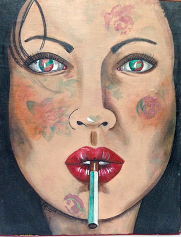 Portrait of a woman smoking a cigarette.