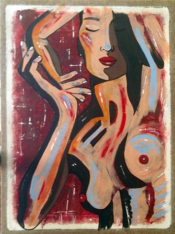 Portrait of a woman "voguing". Acrylic with red background on board.