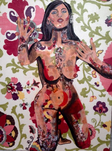 Portrait of a nude woman in a pleading pose on red floral fabric.
