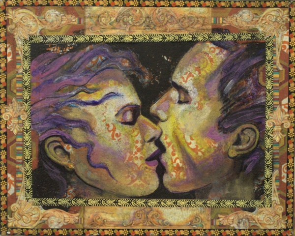 Painting of two people kissing romantically.