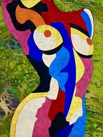 Color-blocked partial nude body on decorative paper. Colorful and bright.