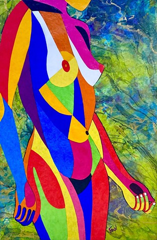 Collage decorative paper female nude. Color-blocked in bright colors.