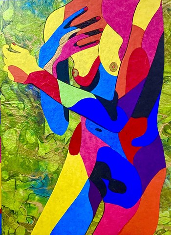 Collage decorative paper female nude. Colorful and bright.
