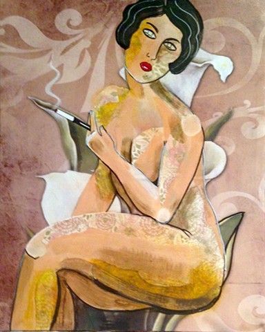 Portrait of a nude woman with floral in 1920's "vamp" style.